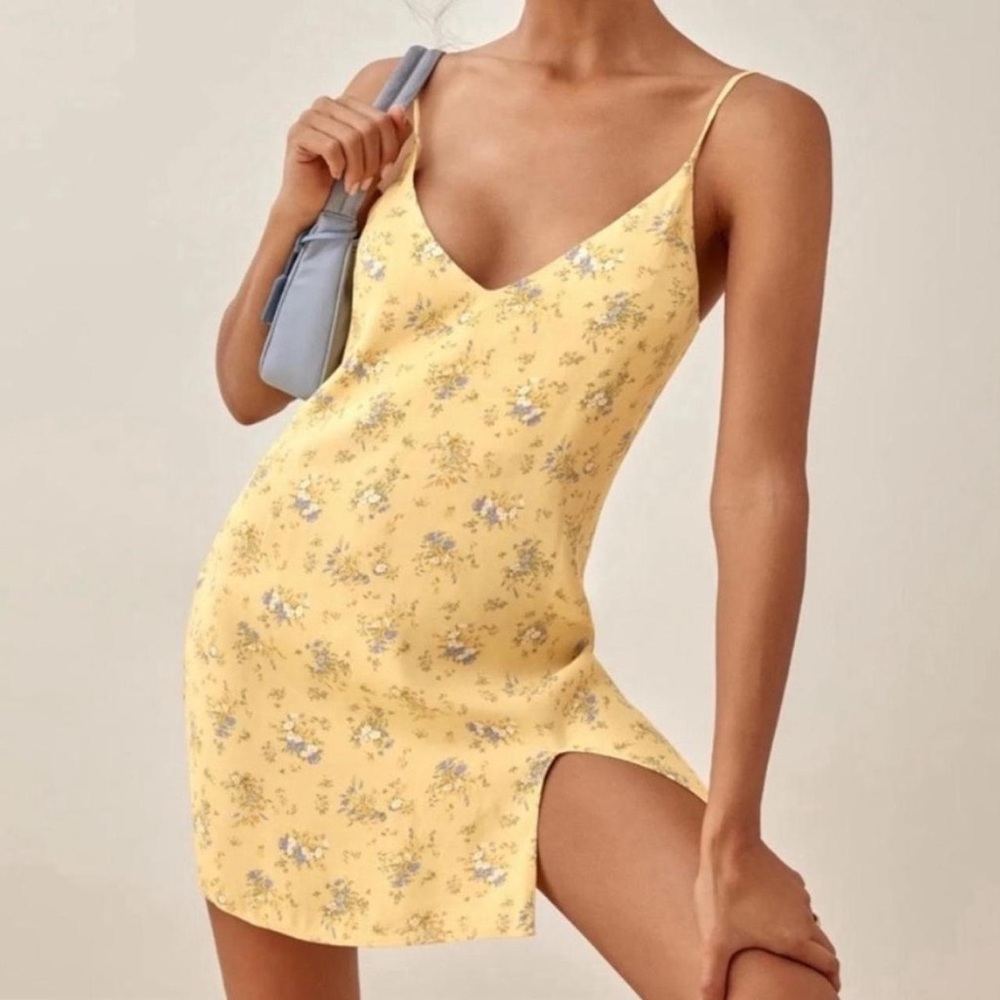 Reformation Marlowe Mini Slip Dress Yellow Floral V-Neck Side Slit XL